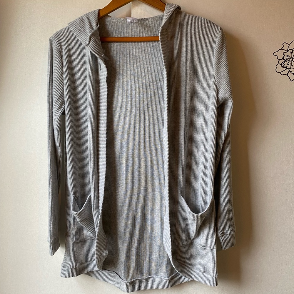 Cardigan Medium Ribbed Pockets Grey Hood